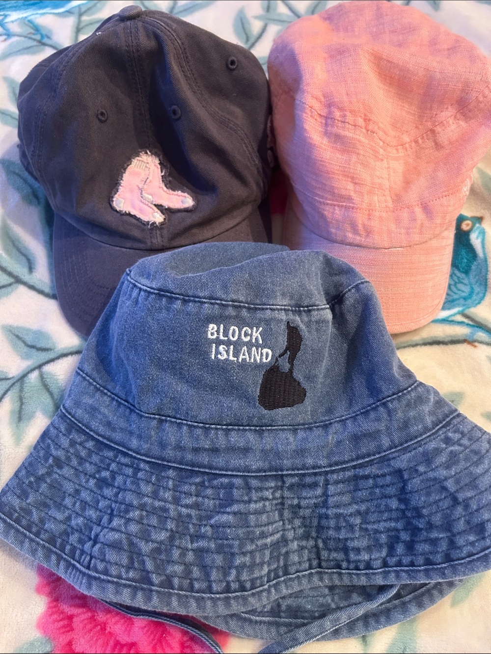 Roxy Pink and Navy Caps + Blue Block Island Denim Bucket Hat